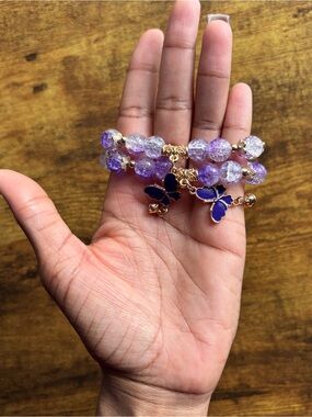 2pcs Purple Beaded Butterfly Charm Bracelet